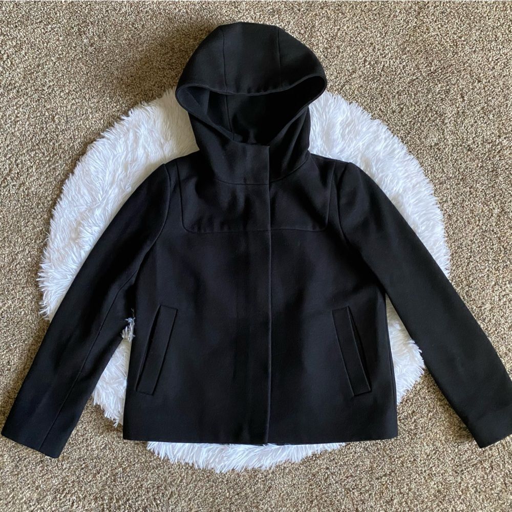 J.‎ Crew Melton Wool Coat Black Hooded Zip Front Womens Size 4P